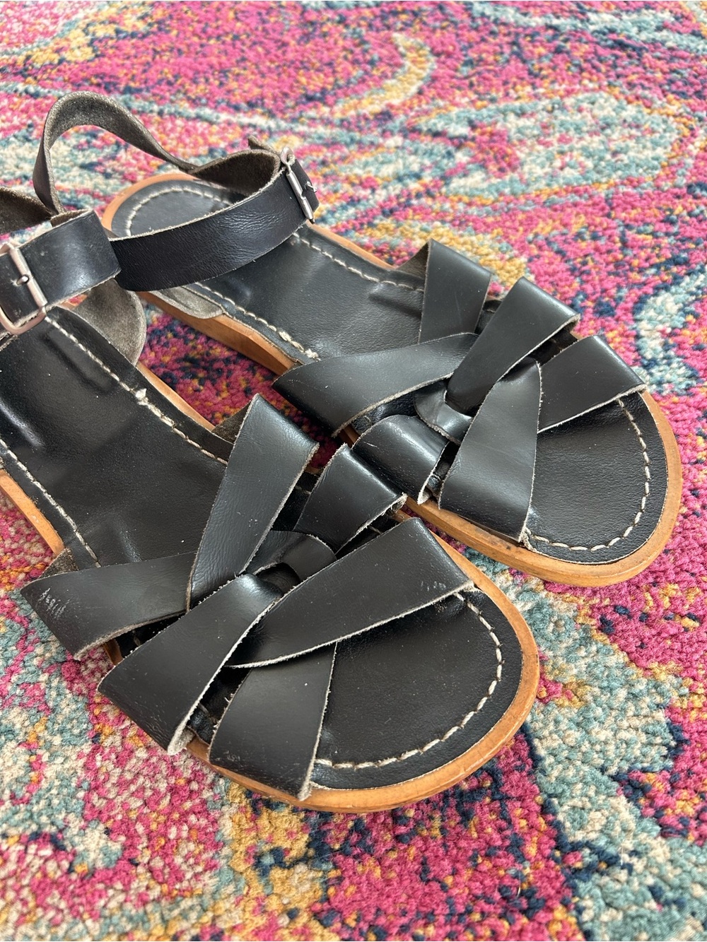 Salt Water | Women’s Black Leather Original Classic Strappy Sandals Size 8 - Picture 5 of 16